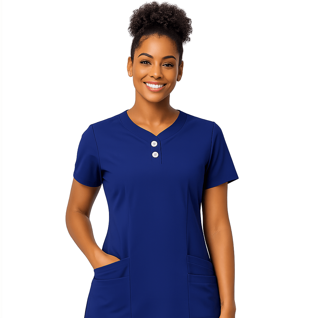 Woman wearing a navy FDS Scrubs top