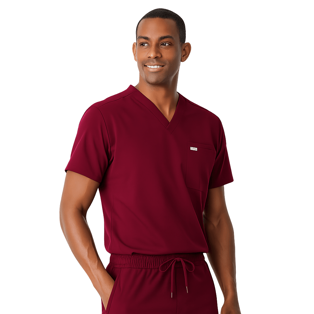 Man wearing a burgundy FDS Scrubs set